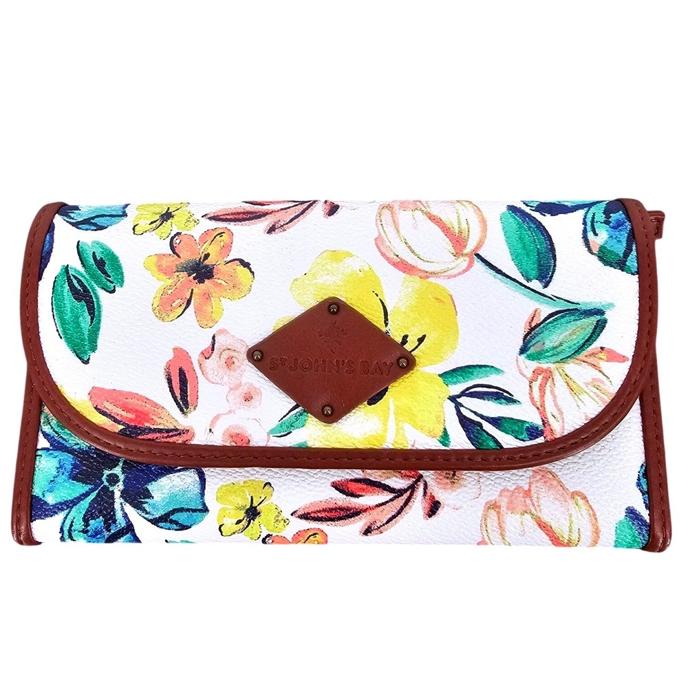 St Johns‎ Bay Floral Continental Wallet White Yellow Blue Faux Leather Snap Flap
